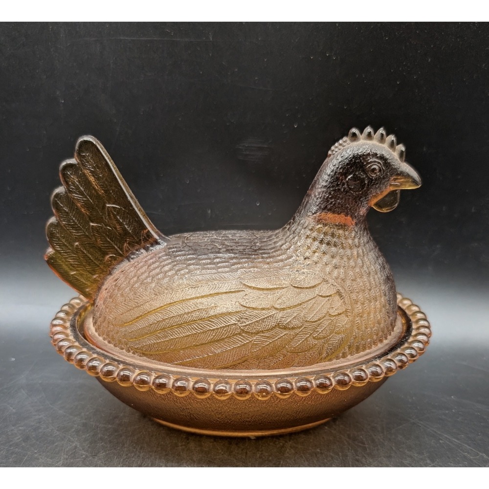 Indiana Glass Amber Glass Hen on Nest Stipple Base Open Bead Dish
7"